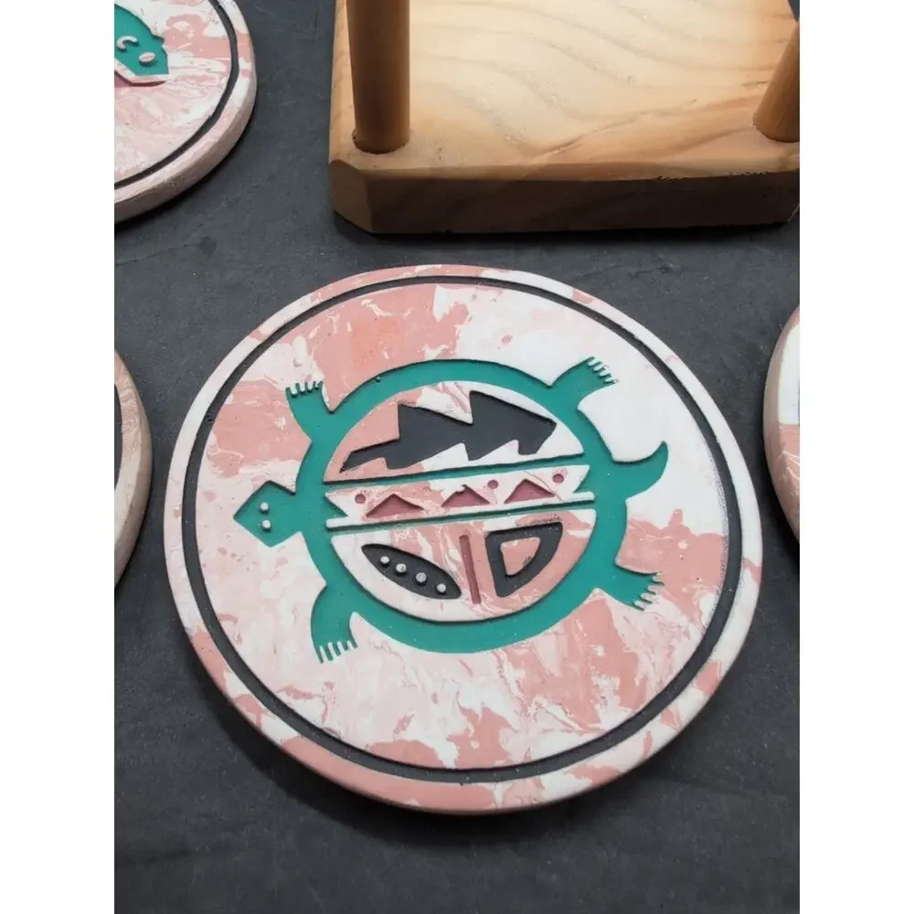 Southwestern Patterned Stone Engraved Coasters (4) In Holder